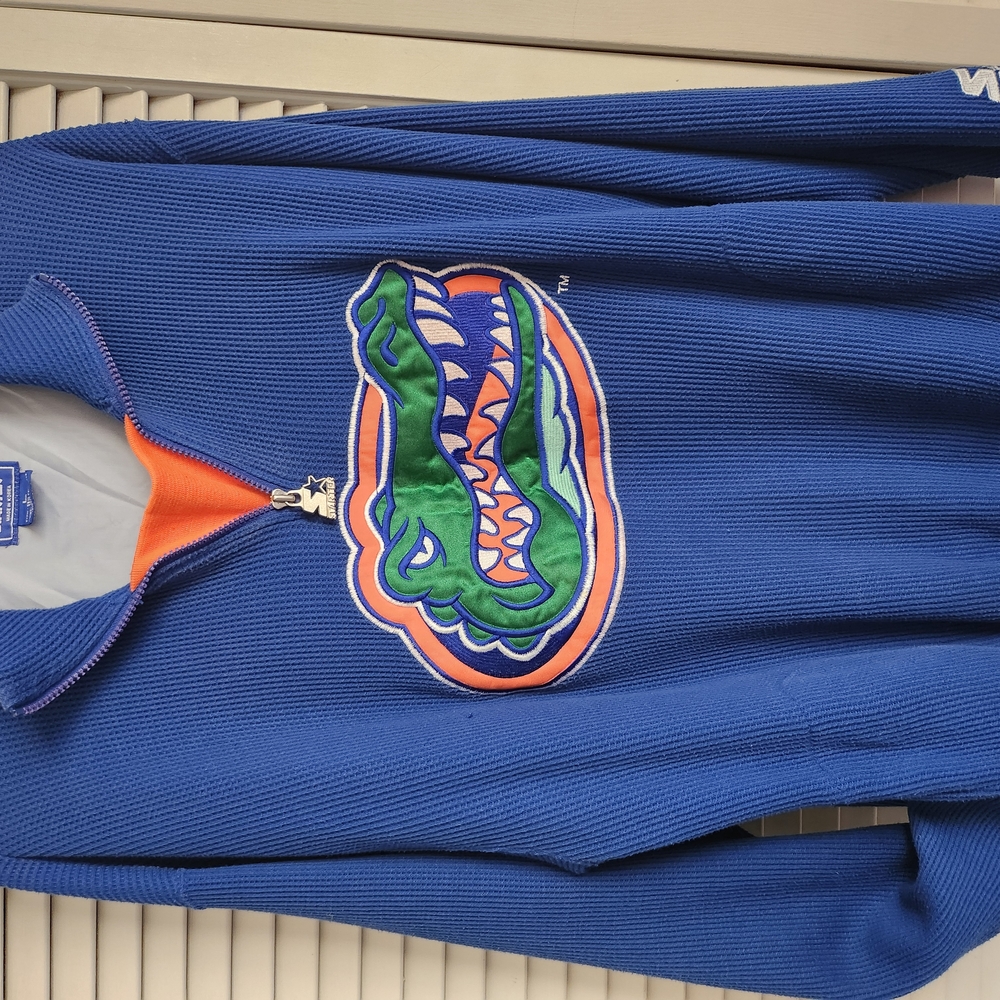 STARTER Blue and Orange Zip Up Sweater with Bold Graphic
